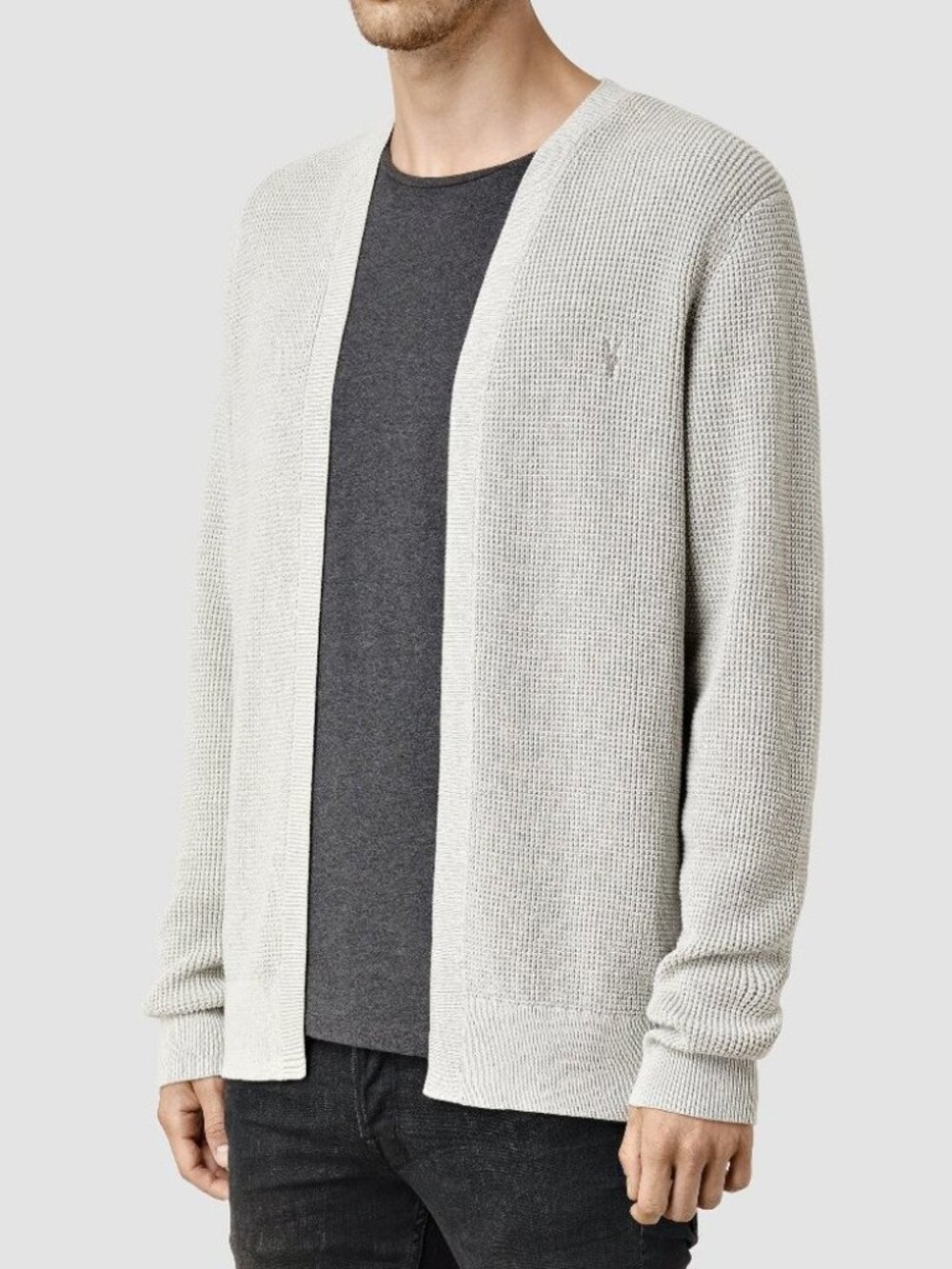 All Saints Men's Trias Cardigan M Waffle Knit Open Front Light Gray $160 FLAWED